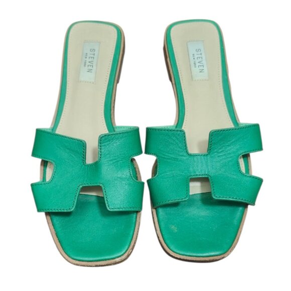 Steven New York Green Leather H Strap Slides Sandals Square Toe Women’s Size 8.5 - Picture 2 of 12